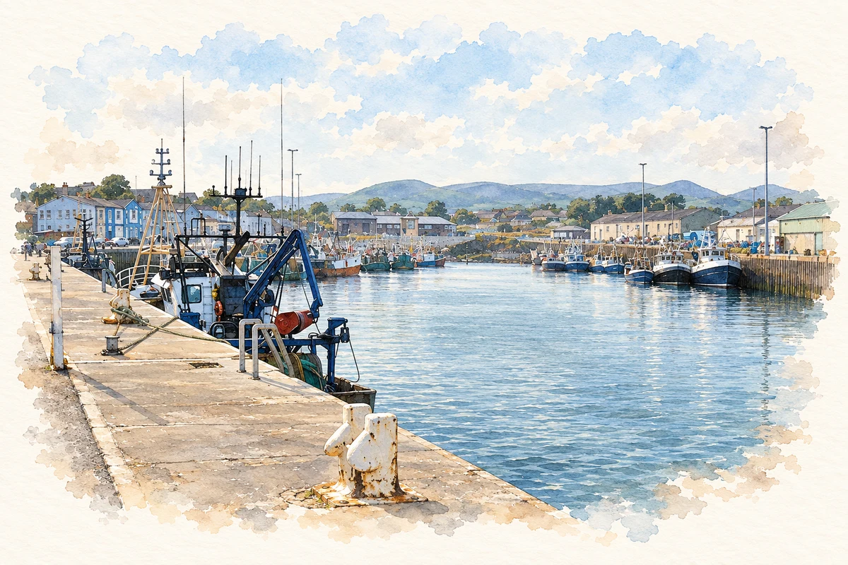 Watercolour and fine ink illustration of Inner fishing harbour, Kilkeel, County Down in Kilkeel.