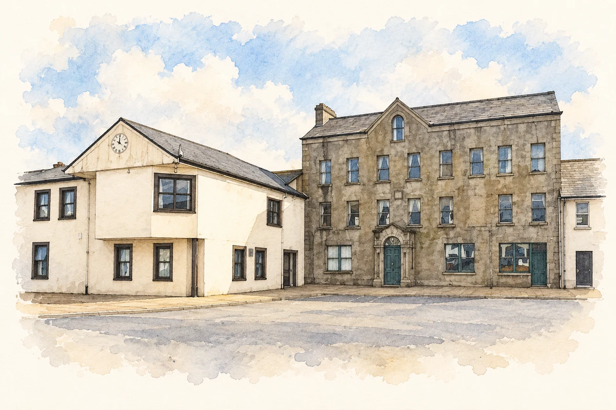 Watercolour and fine ink illustration of Kilrea Town Hall, The Diamond, Kilrea, County Derry.