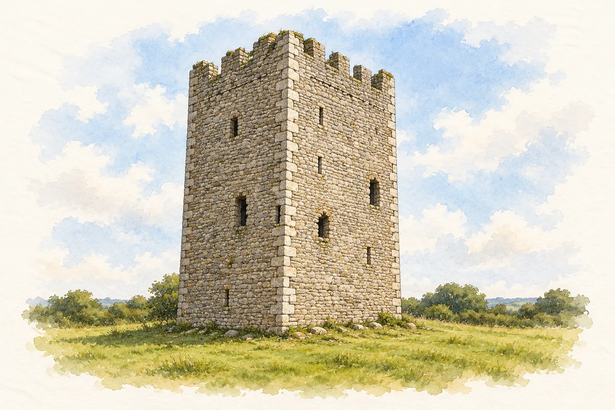 Interpretive reconstruction of Adamstown Castle's square stone tower around 1600, with an uncertain crenellated roofline.