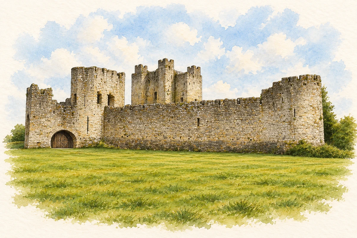 Watercolour and fine ink illustration of Trim Castle in its medieval prime in Trim.
