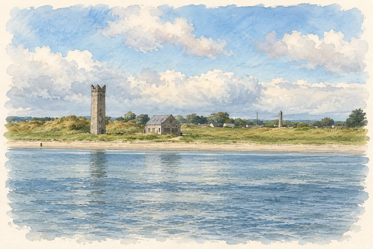 Watercolour and fine ink illustration of Maiden Tower and Lady's Finger, Mornington, County Meath.