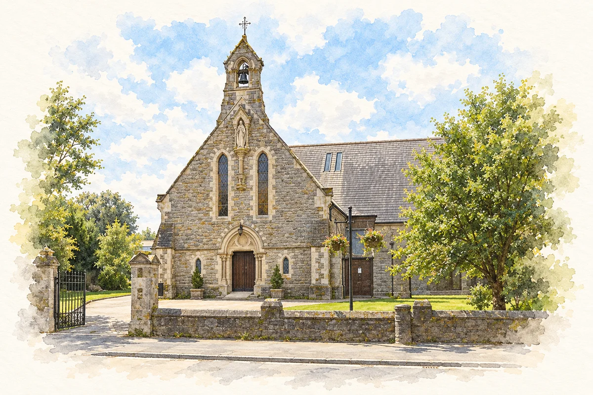 Watercolour and ink of Church of the Immaculate Conception in Ashbourne.