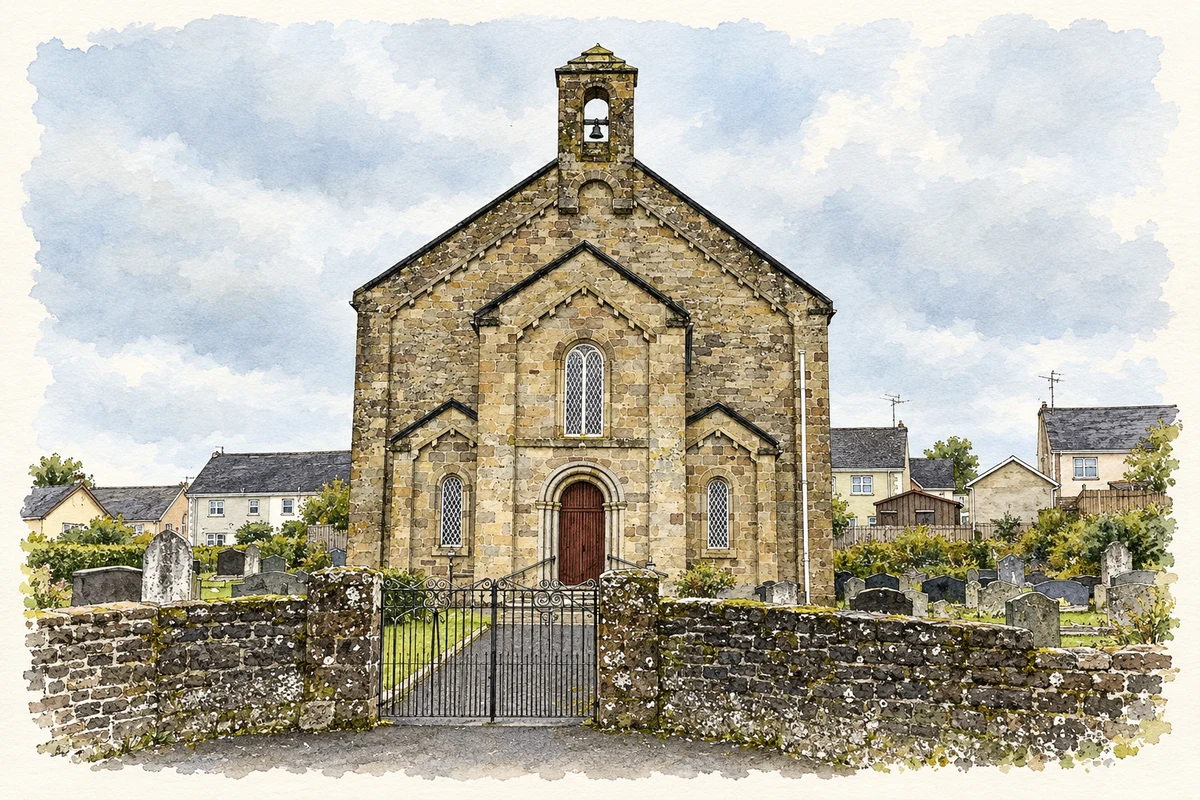 Watercolour and fine ink illustration of Church of Ireland, Fintona.