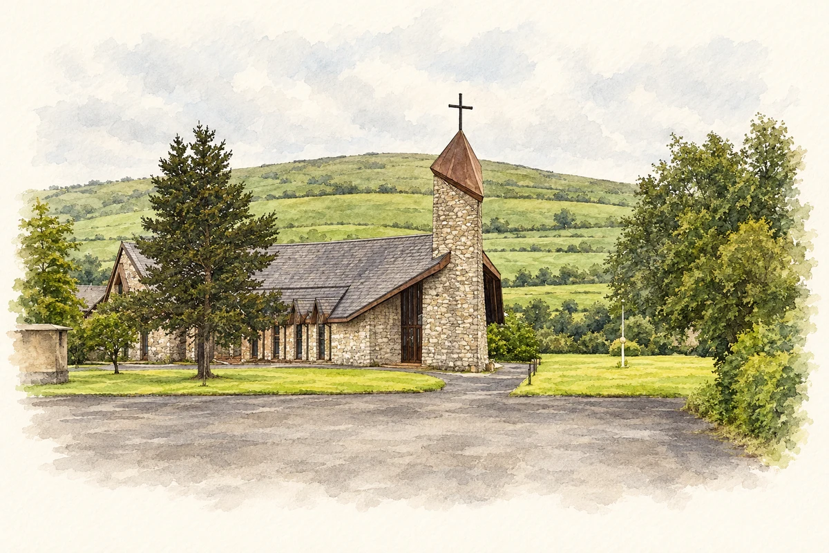 Watercolour and fine ink illustration of Mary Queen of Peace Church, Martinstown.