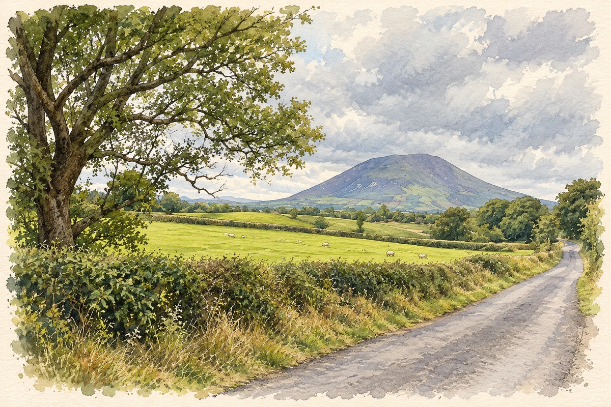 Watercolour and fine ink illustration of Nephin viewed from near Castlehill, County Mayo.