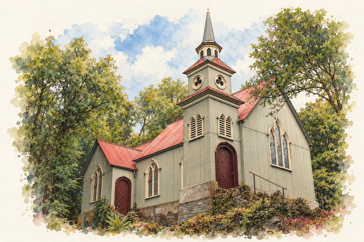 Watercolour and fine ink illustration of St Peter's tin church, Laragh, County Monaghan.