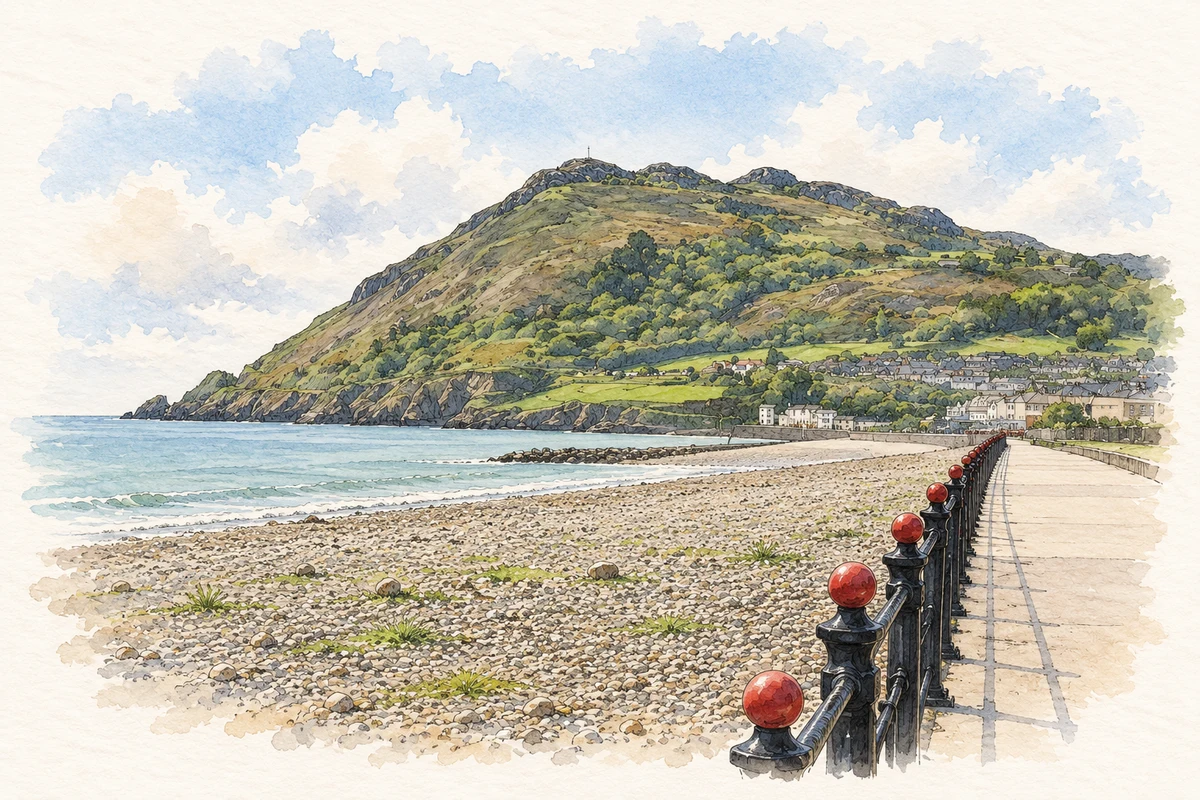 Watercolour and fine ink illustration of Bray Head and the seafront promenade in Bray.