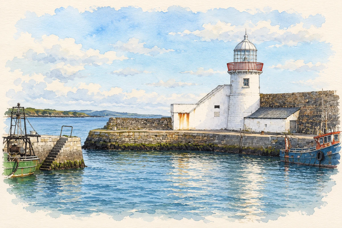 Watercolour and fine ink illustration of Balbriggan Lighthouse in Balbriggan, showing its complete visible architectural silhouette.