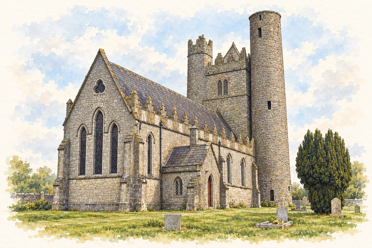 Watercolour and fine ink illustration of Lusk church, belfry and round tower.