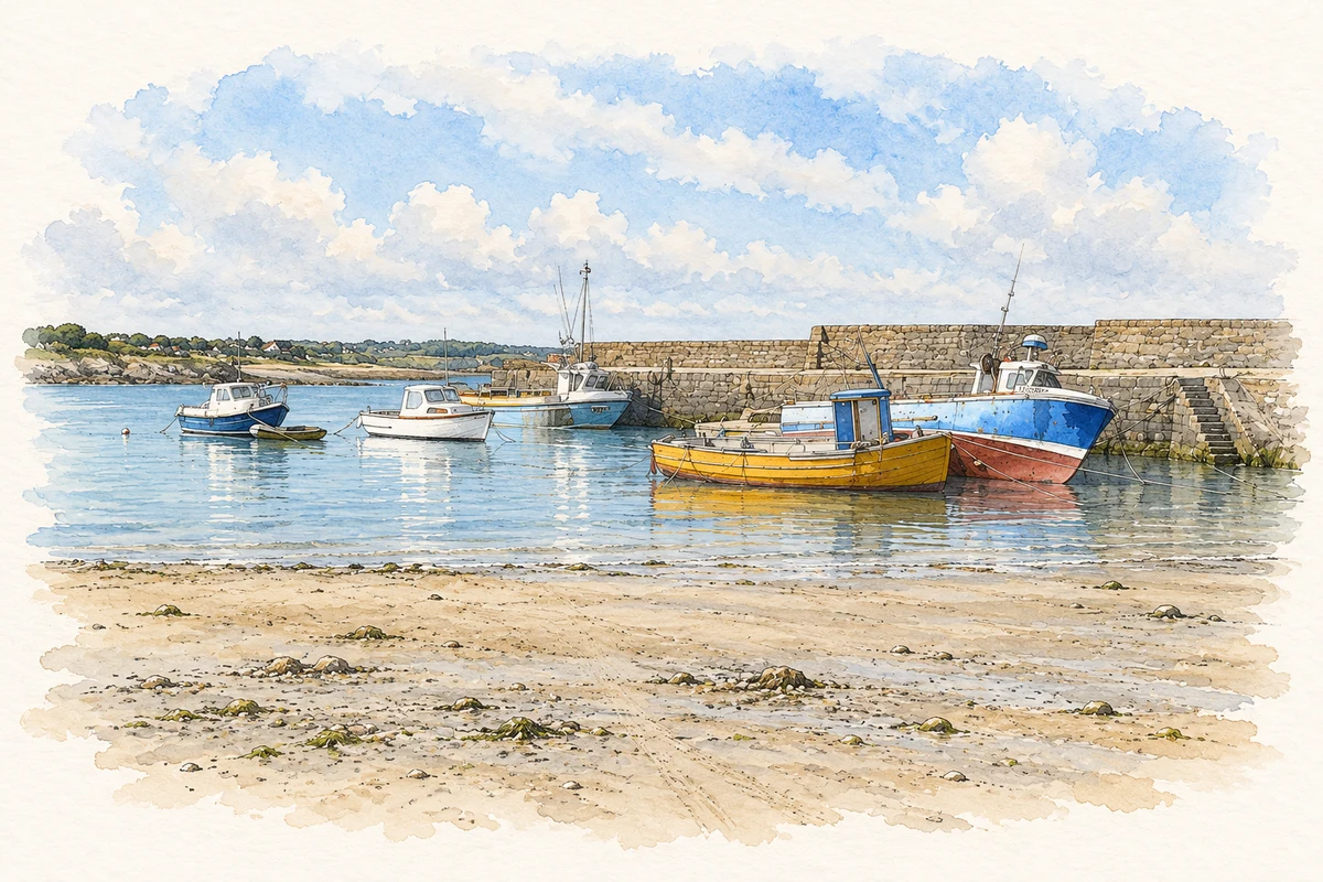 Watercolour and fine ink illustration of Rush harbour in Rush.