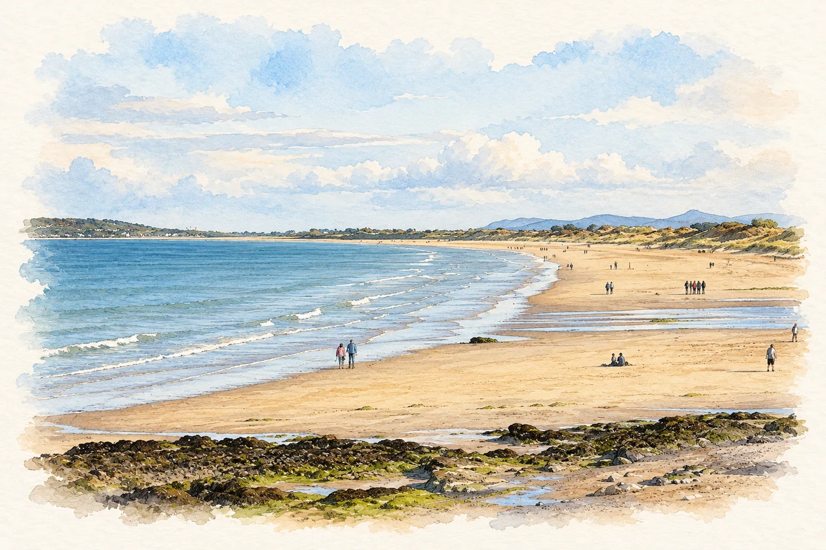 Watercolour and fine ink illustration of Velvet Strand at Portmarnock in Portmarnock.