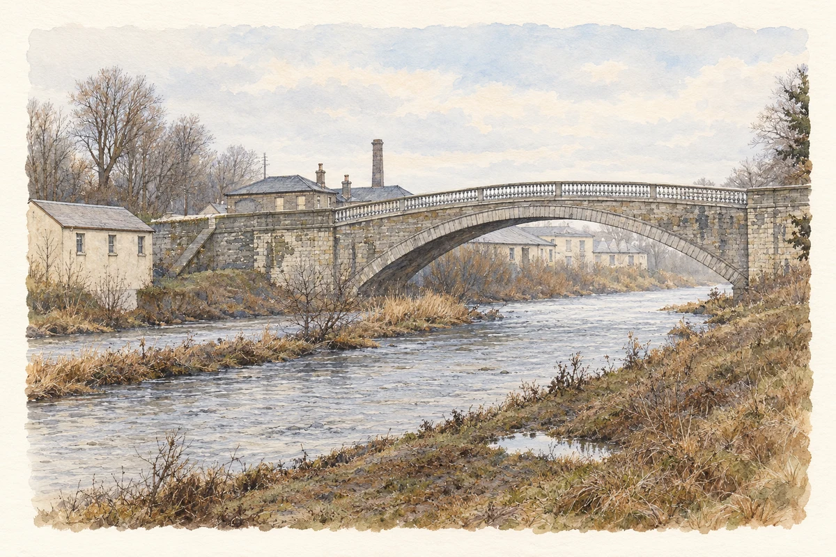 Watercolour and fine ink illustration of Lucan Bridge over the Liffey, winter1977.