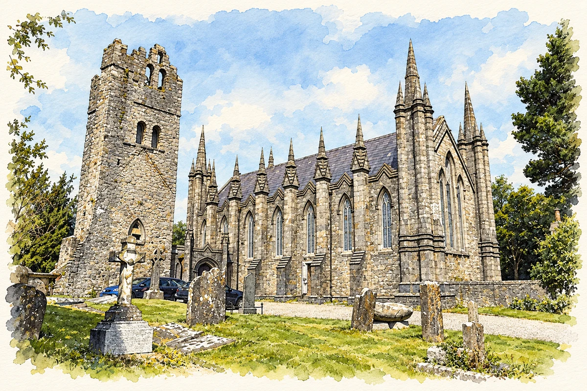 Watercolour and fine ink illustration of Saint Maelruain's Church and medieval tower, Tallaght.