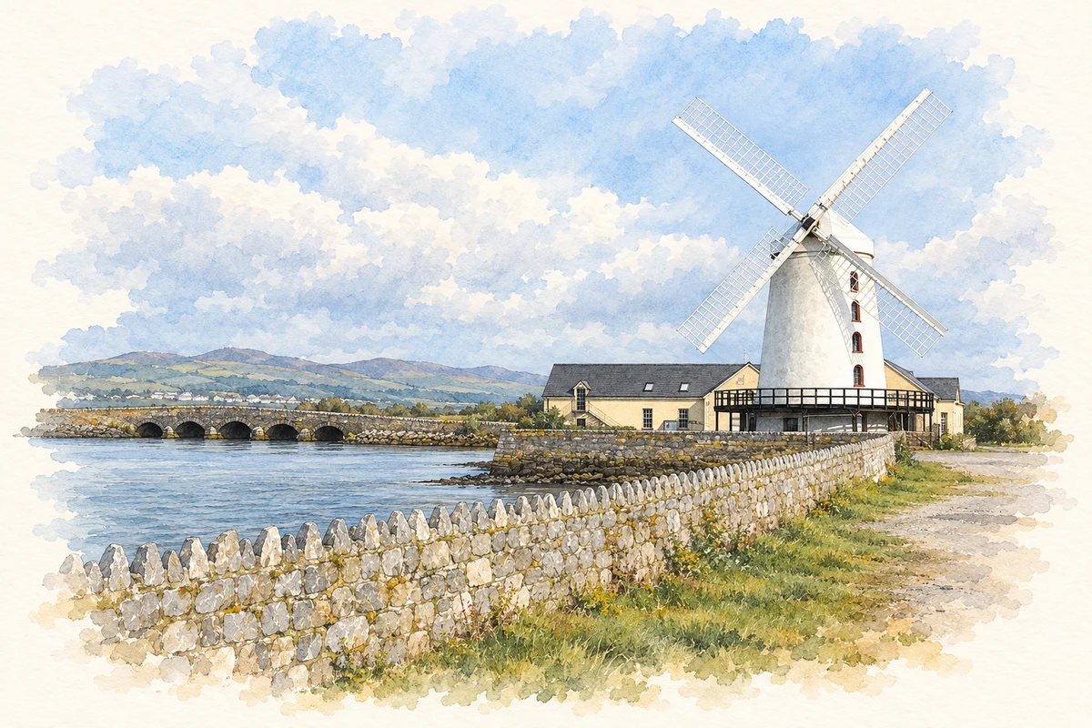 Watercolour and fine ink illustration of Blennerville Windmill near Tralee in Tralee.