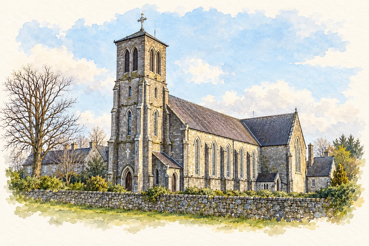 Watercolour and fine ink illustration of Saint Conleth’s Parish Church in Droichead Nua (Newbridge), showing its complete visible architectural silhouette.