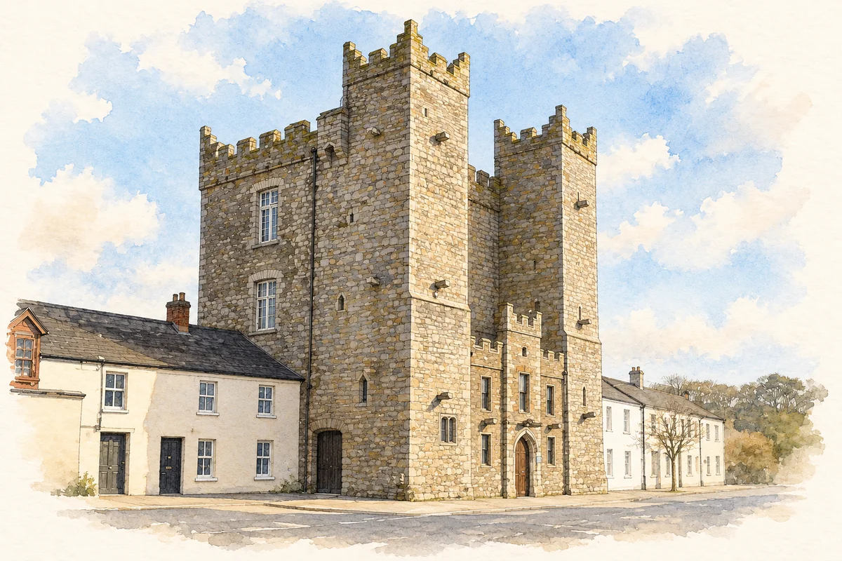Watercolour and ink of Ardee Castle.