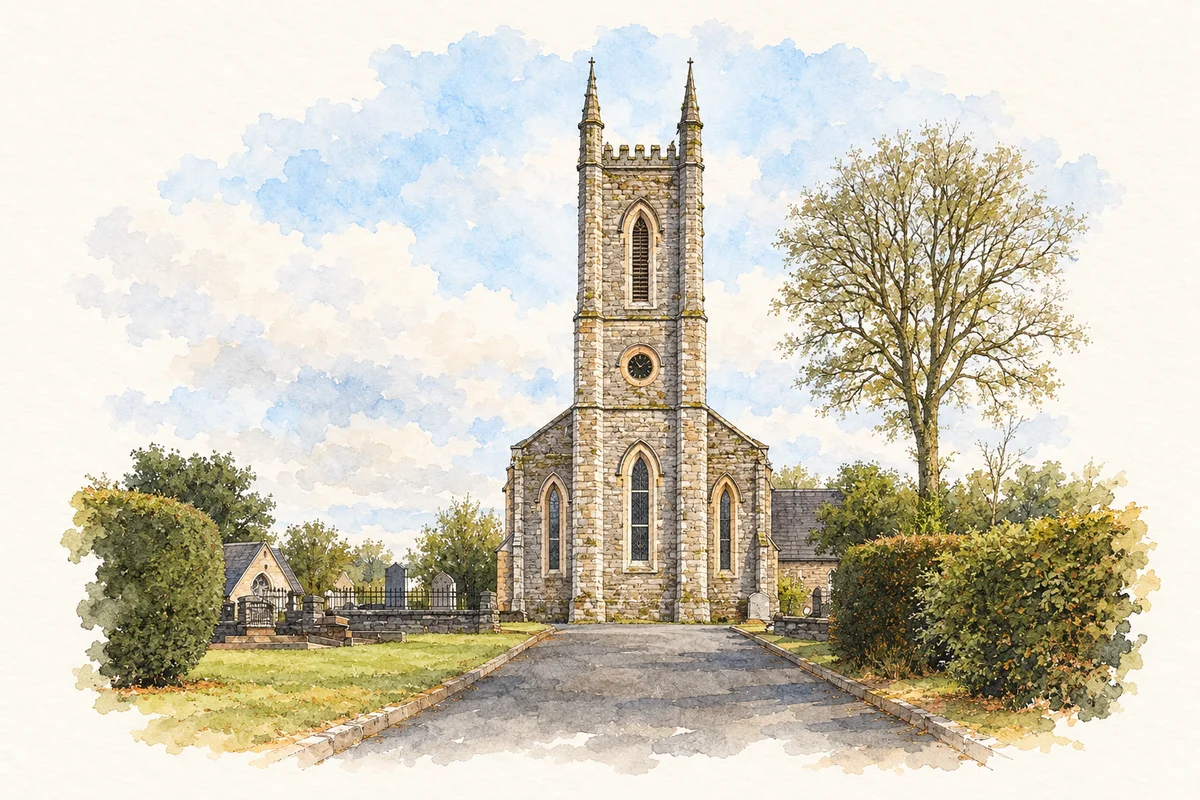 Watercolour and ink of Bailieborough Church of Ireland.