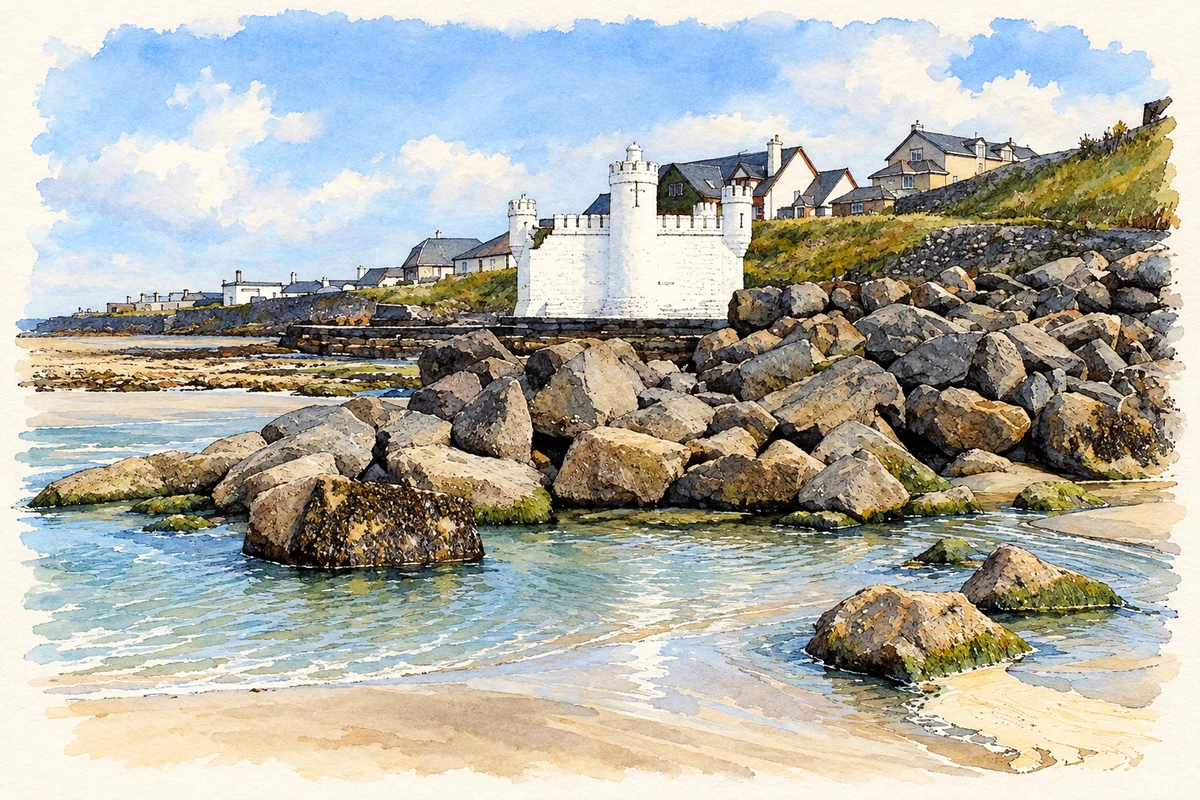 Watercolour and fine ink illustration of Old Cliff Baths bathing house, Inishcrone.