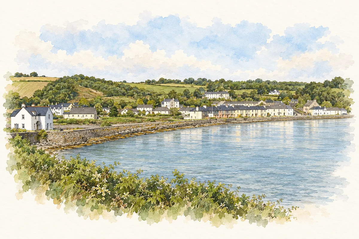 Watercolour and ink of King's Bay and Arthurstown waterfront.