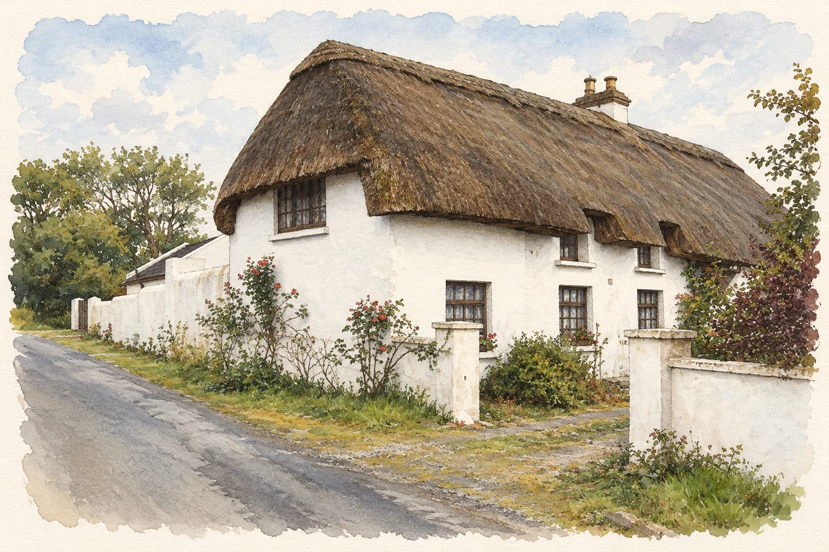 Watercolour and fine ink illustration of Thatched house near Broadway Town.