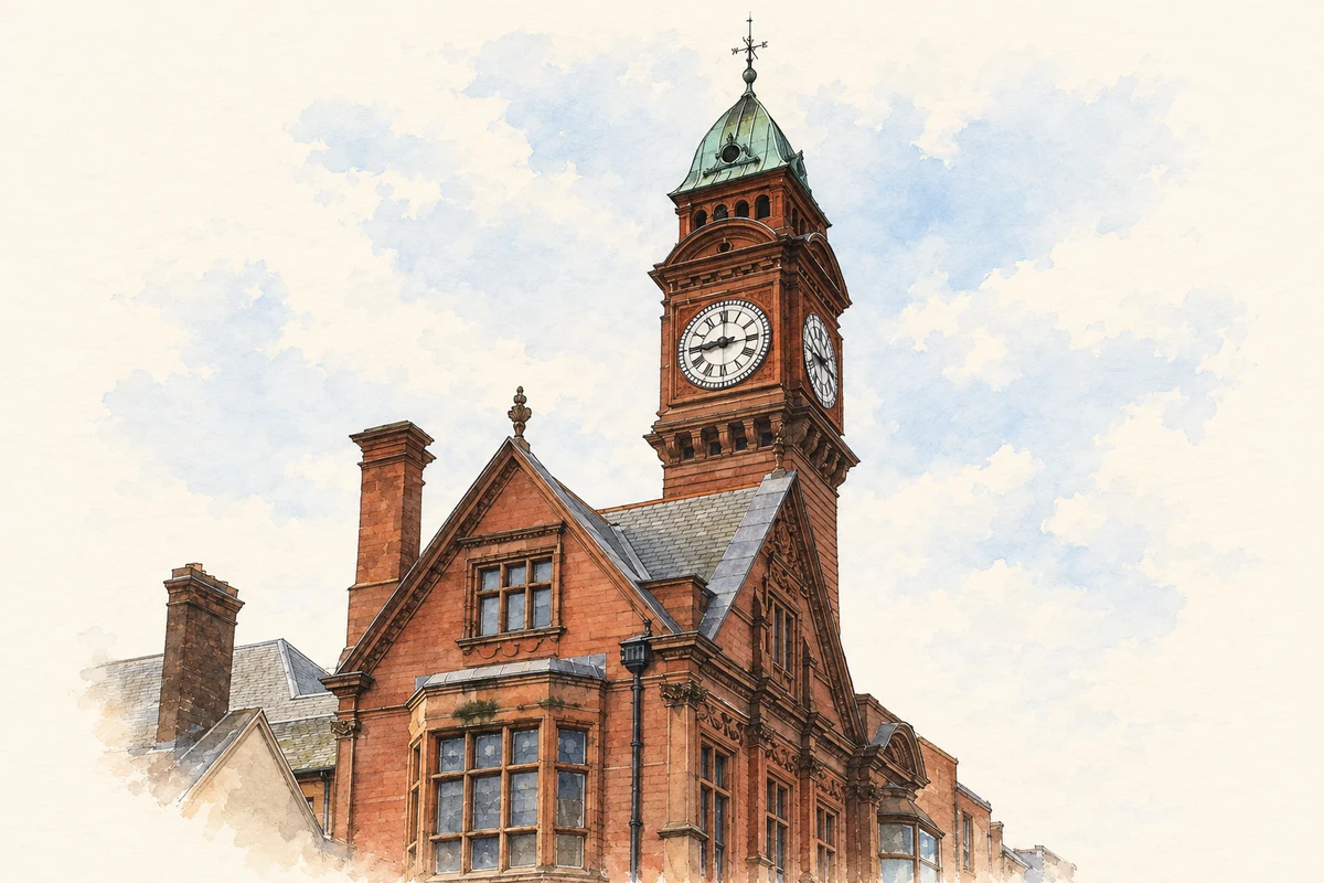 Watercolour and fine ink illustration of Rathmines Town Hall clock tower, Dublin.