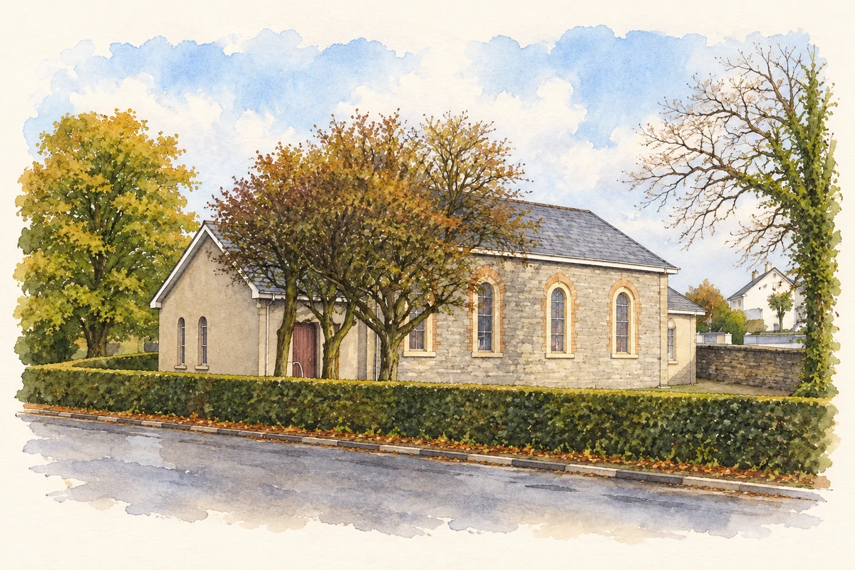Watercolour and fine ink illustration of Methodist Church, Newbuildings.