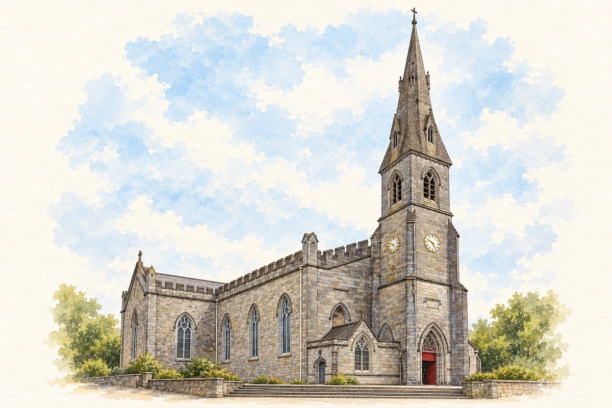 Watercolour and fine ink illustration of Cathedral of Saints Peter and Paul in Ennis.
