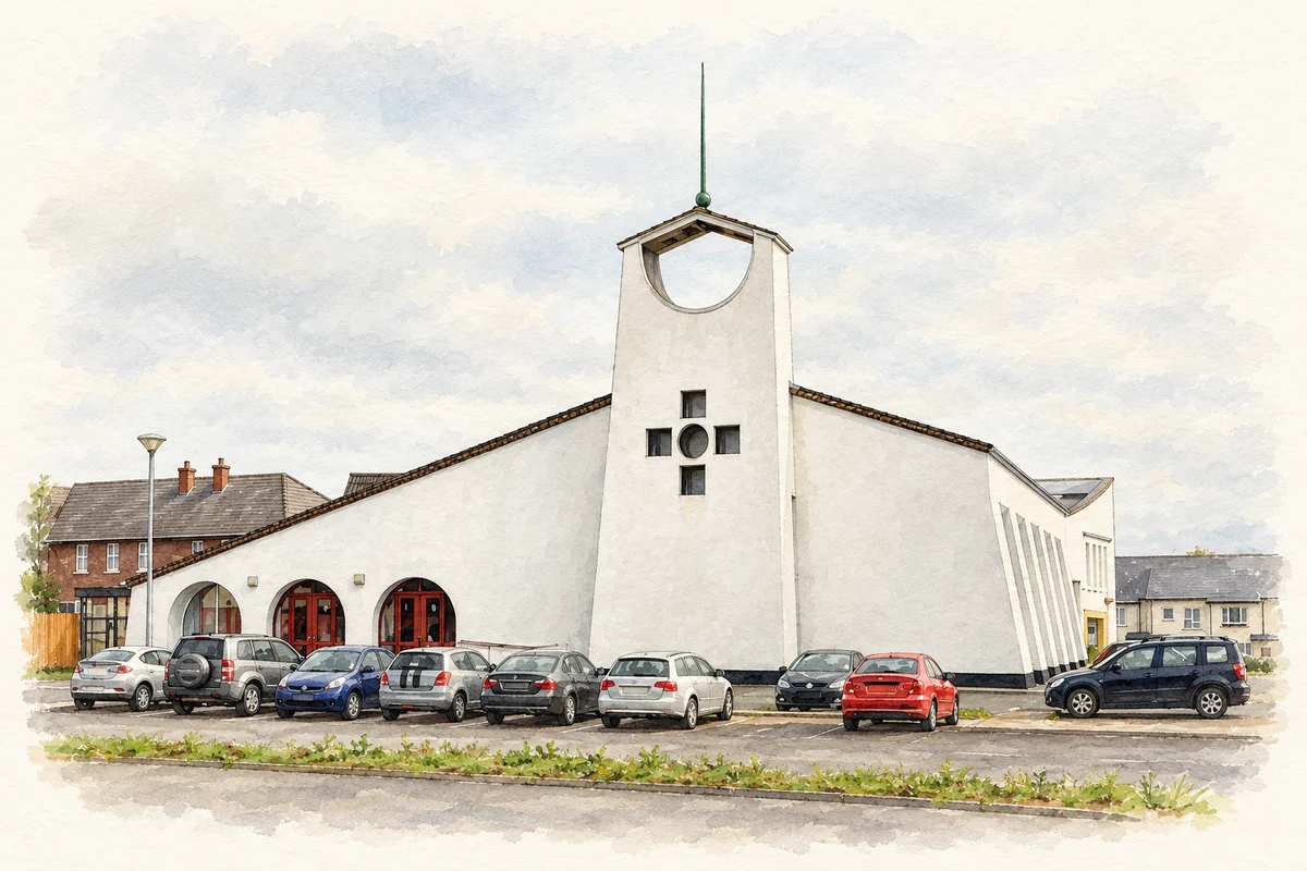 Watercolour and fine ink illustration of Abbey Presbyterian Church, Monkstown.