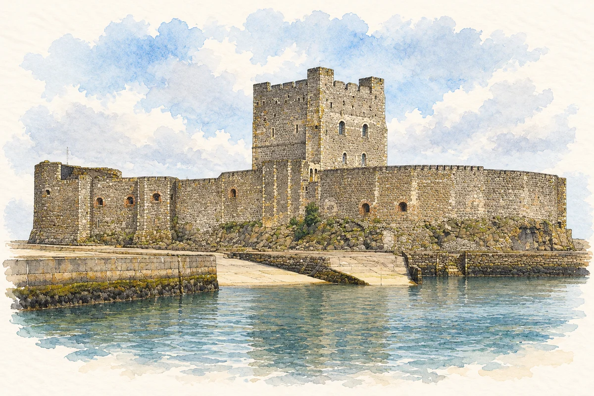 Watercolour and fine ink illustration of Carrickfergus Castle.