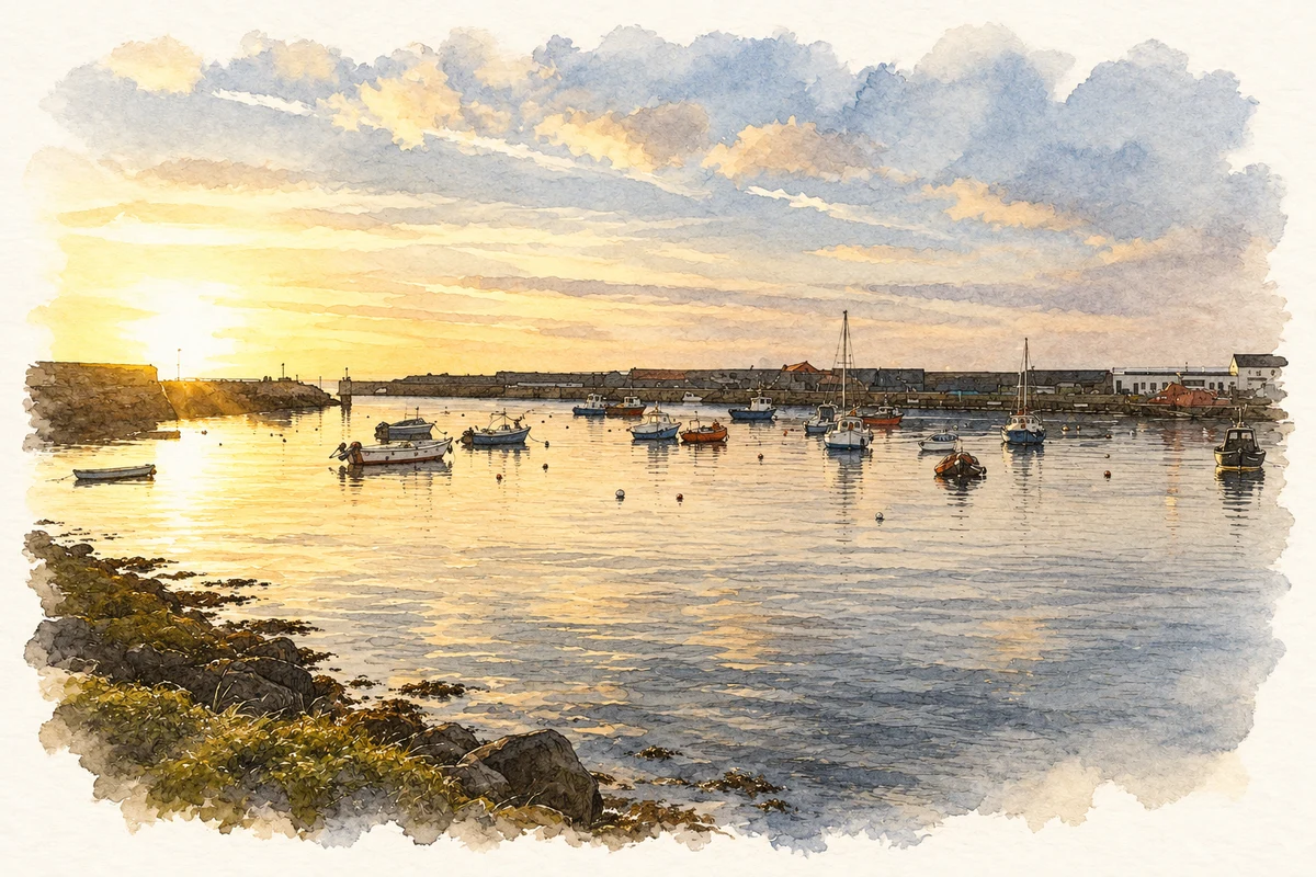 Watercolour and fine ink illustration of Portrush Harbour at sunset, County Antrim in Portrush.