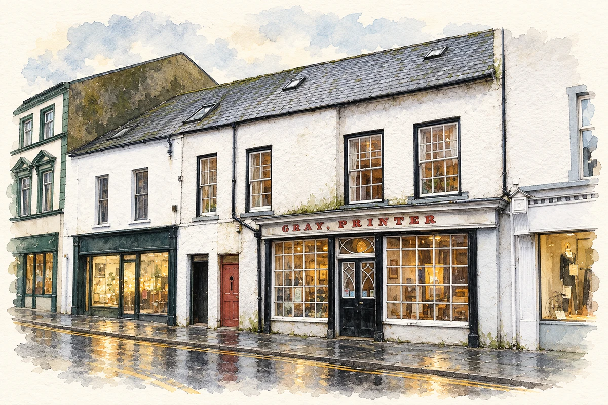 Watercolour and fine ink illustration of Gray’s Printing Press in Strabane, showing its complete visible architectural silhouette.