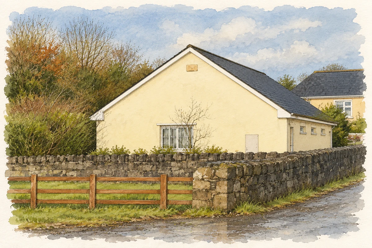 Watercolour and fine ink illustration of Credit union building, Hollyford, County Tipperary.