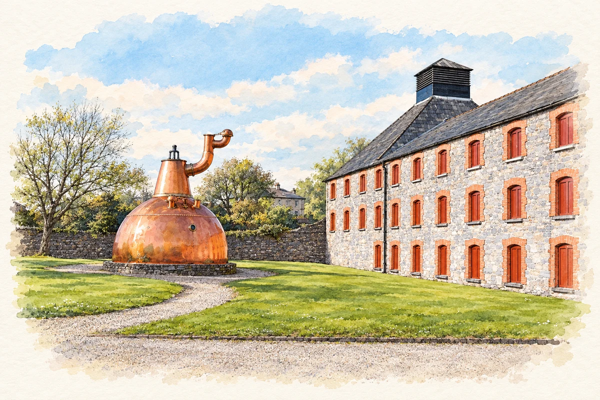 Watercolour and fine ink illustration of Old Midleton Distillery in Midleton, showing its complete visible architectural silhouette.