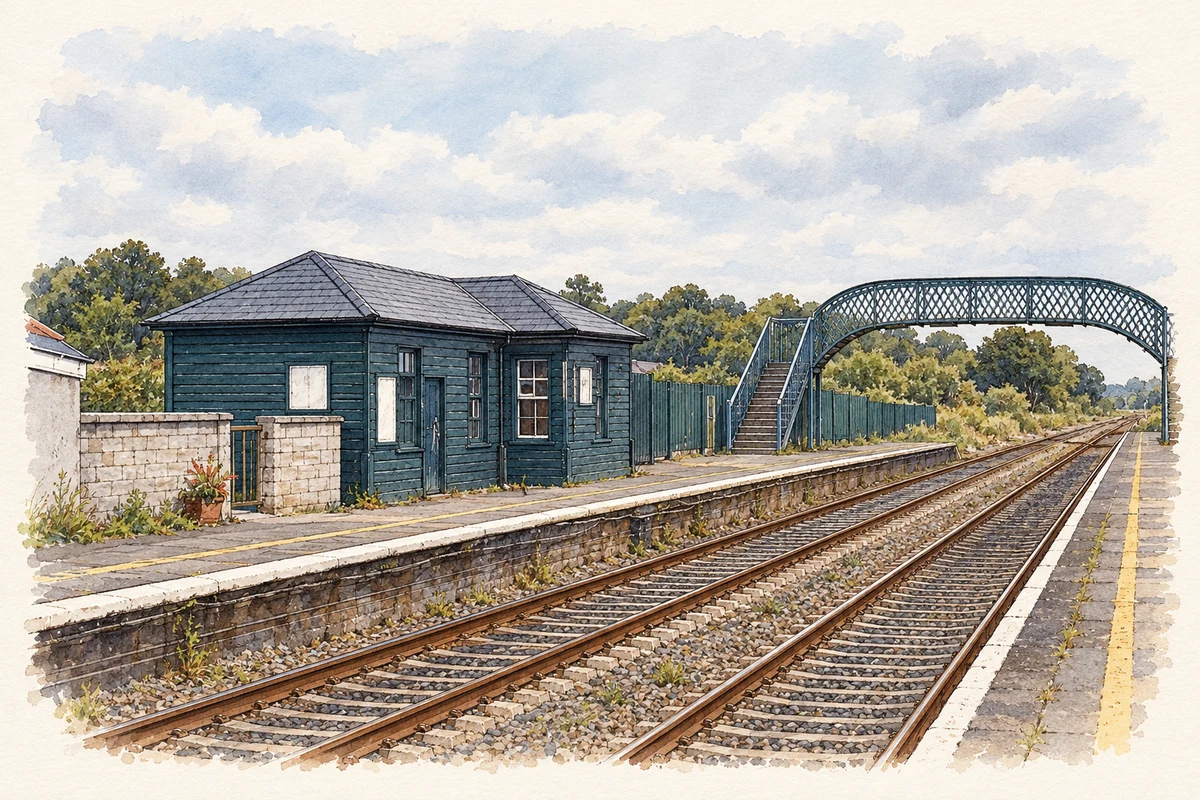 Watercolour and fine ink illustration of Glounthaune railway station, County Cork.