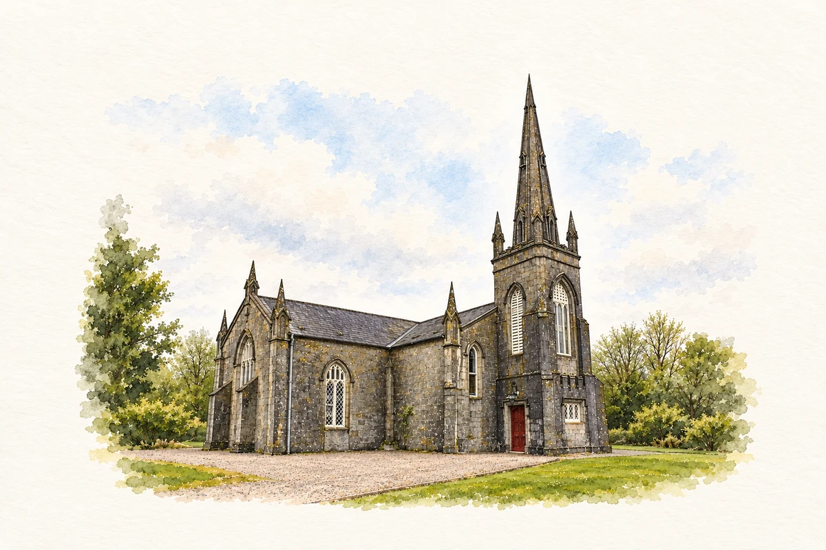 Watercolour and fine ink illustration of Saint Mary’s Church, Carrigaline in Carrigaline, showing its complete visible architectural silhouette.