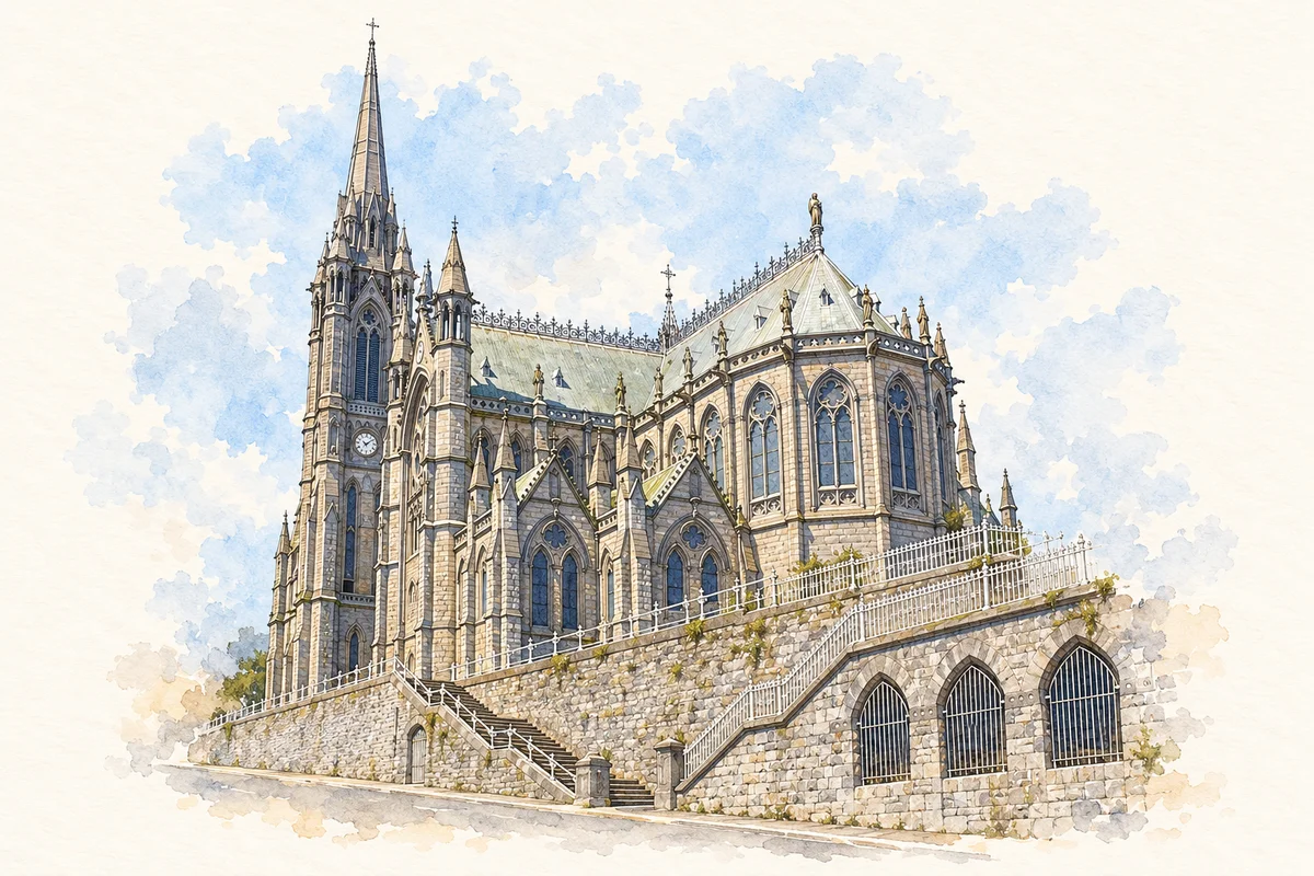 Watercolour and fine ink illustration of St Colman's Cathedral, Cobh.