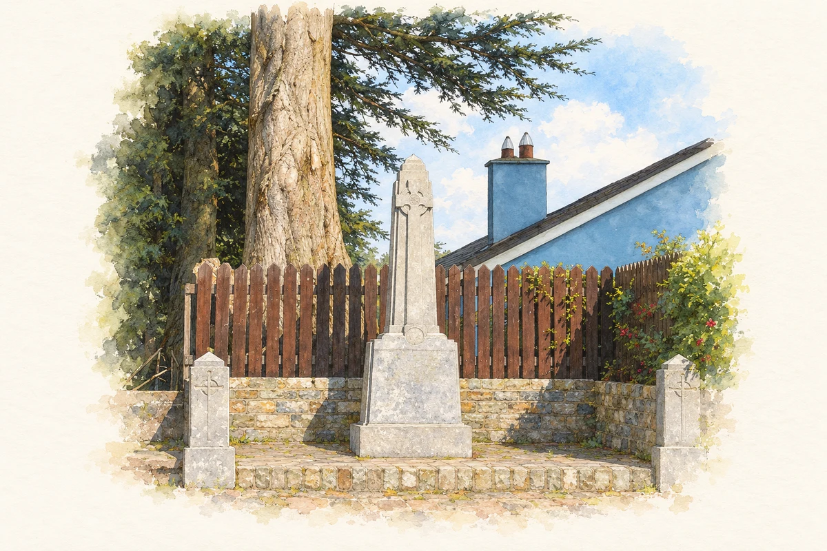 Watercolour and fine ink illustration of The roadside memorial at Kerry Pike, as photographed in 2008.
